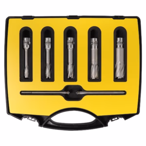 Yellow hard-plastic case containing six metal drill bits seated in black foam slots and a central rod, with a handle at the bottom for carrying.