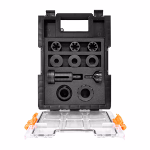 Open black tool case with foam inserts holding assorted sockets, adapters, and a ratchet wrench, arranged in storage compartments with orange latches visible at the base caps.