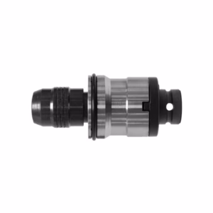 Metal cylindrical adapter/coupler with a threaded left end and a clamp-like right end, a precision mechanical component.