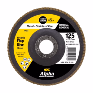 Zirconia flap disc for metal grinding, 125 x 22.2 mm, Alpha brand, 80 m/s, for material removal in stainless steel/INOX workwear mark notations included.