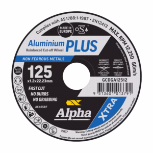 Circular cut-off wheel label: Aluminium PLUS, 125 mm diameter, 1.2 mm thick, 22.23 mm bore for non-ferrous metals; includes warnings and barcode