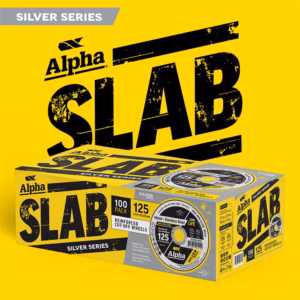 Alpha Slab Silver Series packaging on a bright yellow background, with bold black SLAB text prominent.