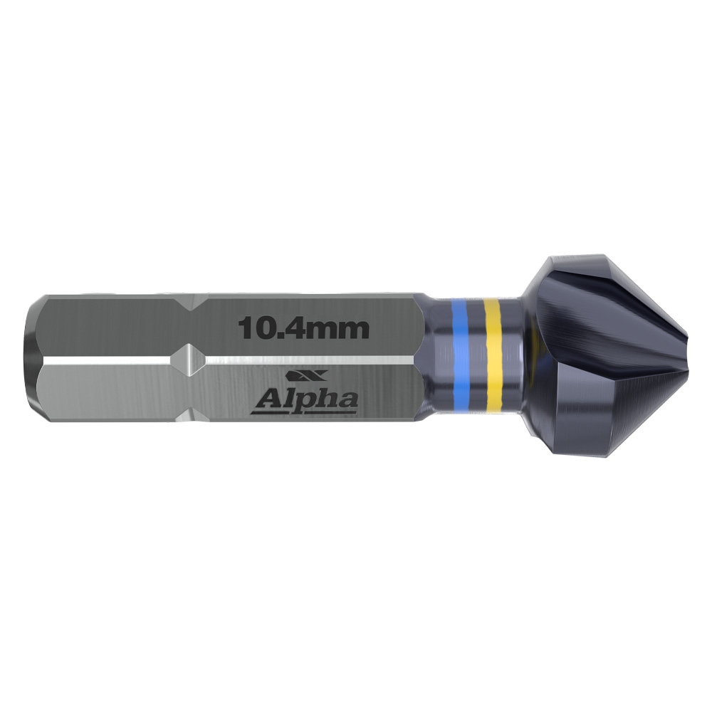 Alpha brand drill bit with 10.4 mm marking and blue/yellow rings near the shank.