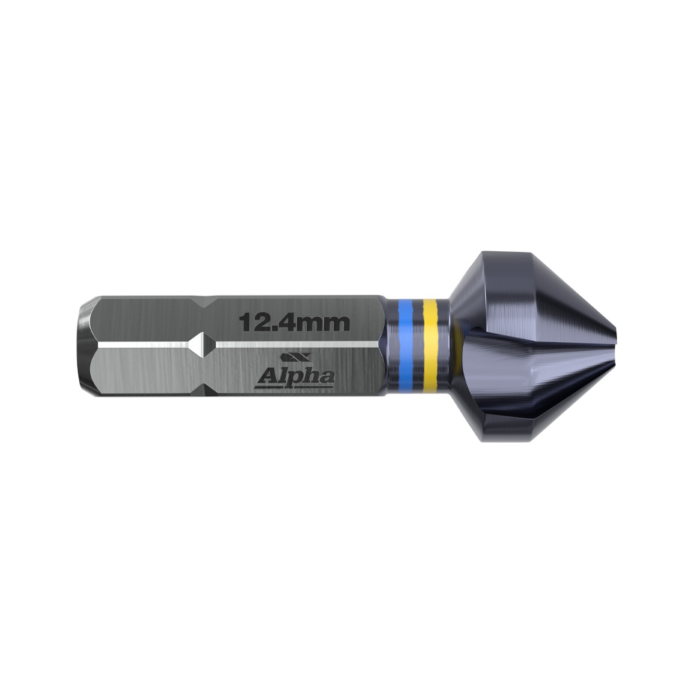 Screwdriver bit with a 12.4 mm size, Alpha brand, silver finish and blue/yellow color bands on a white background.