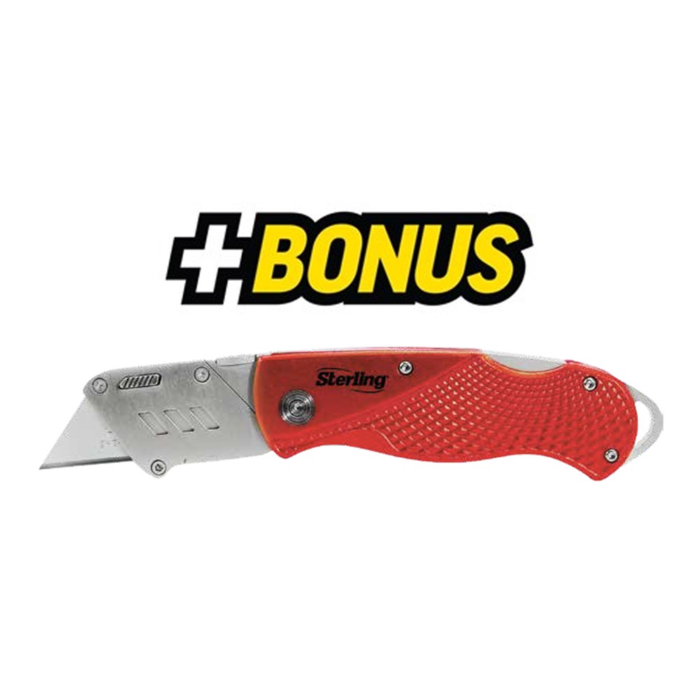 Red utility knife with a metal blade and orange textured handle, shown beneath a bold '+ BONUS' logo.