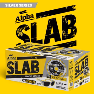 Alpha Slab Silver Series skateboard wheel set in bold black on bright yellow box and packaging visuals