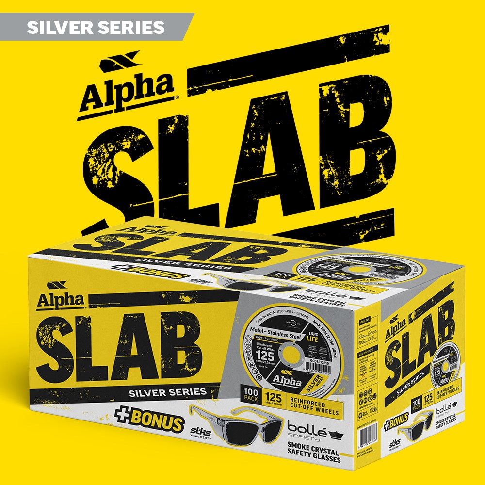 Box of Alpha Slab Silver Series wheels on a bright yellow background with bold black 'SLAB' text