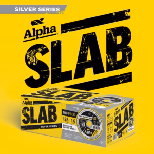 Bright yellow Alpha Slab Silver Series wheel packaging with bold 'SLAB' text and a 100-pack box.