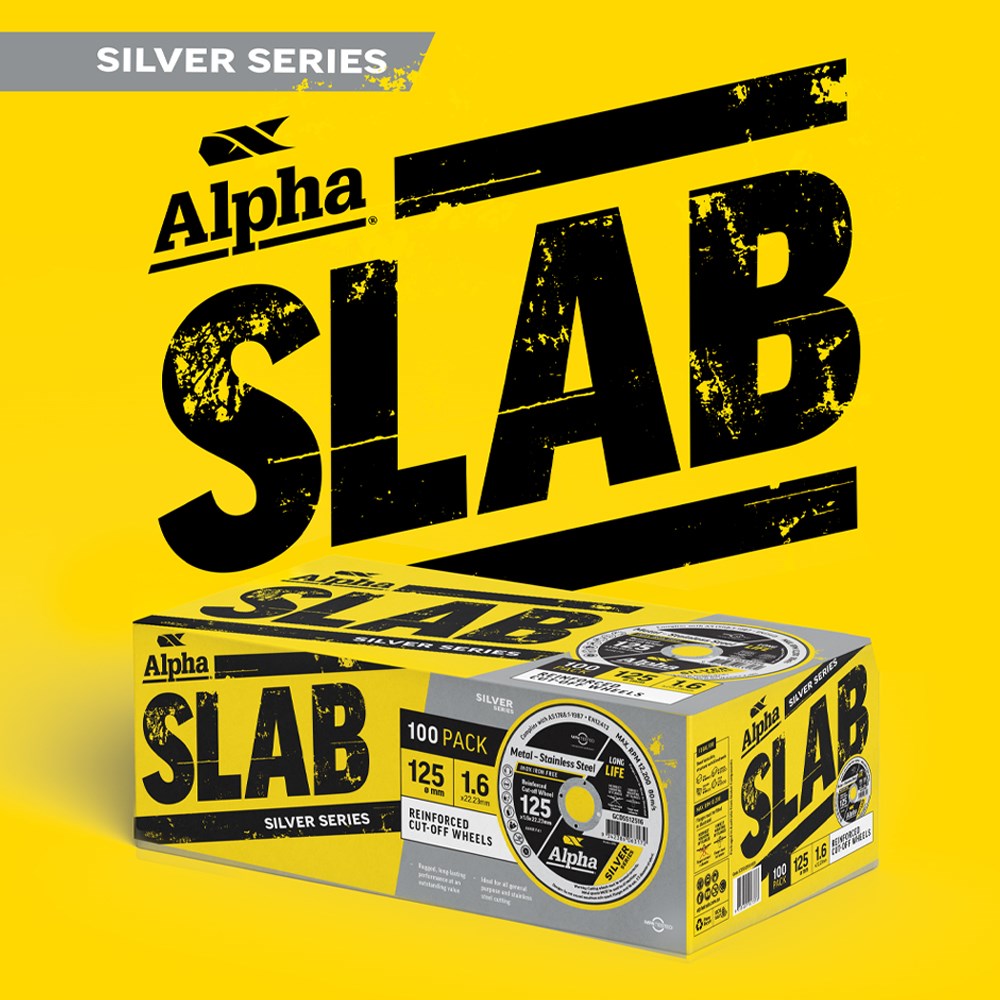Bright yellow background; large black SLAB lettering with Alpha logo and a 100-pack Alpha SLAB Silver Series box in the foreground.