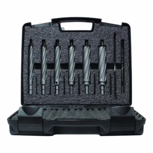 Set of twist drill bits in a hard plastic case with foam inserts, arranged in order of size