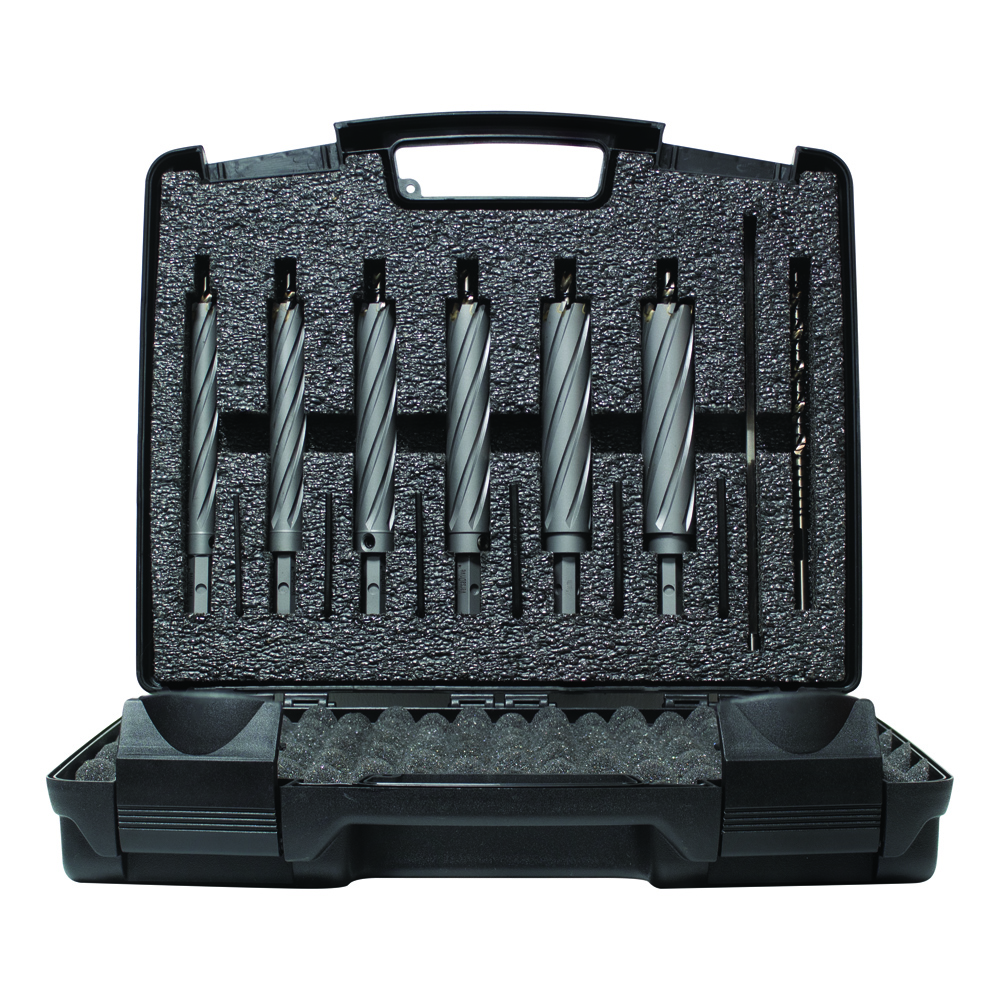 Open black plastic carrying case with a foam insert holding six metal twist drill bits and two thinner bits, arranged in a row