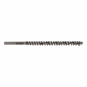 Long auger-style drill bit with twisted helically wrapped flutes along a metal shaft on a white background.