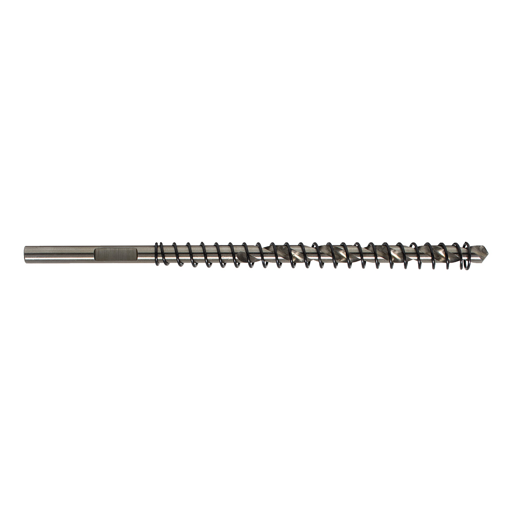 Long metal drill bit with uniformly spaced spiral flutes along its length