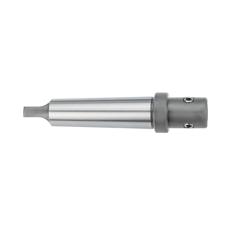 Metal cylindrical tool holder with two screws on the end, used to mount cutting tools in a milling machine