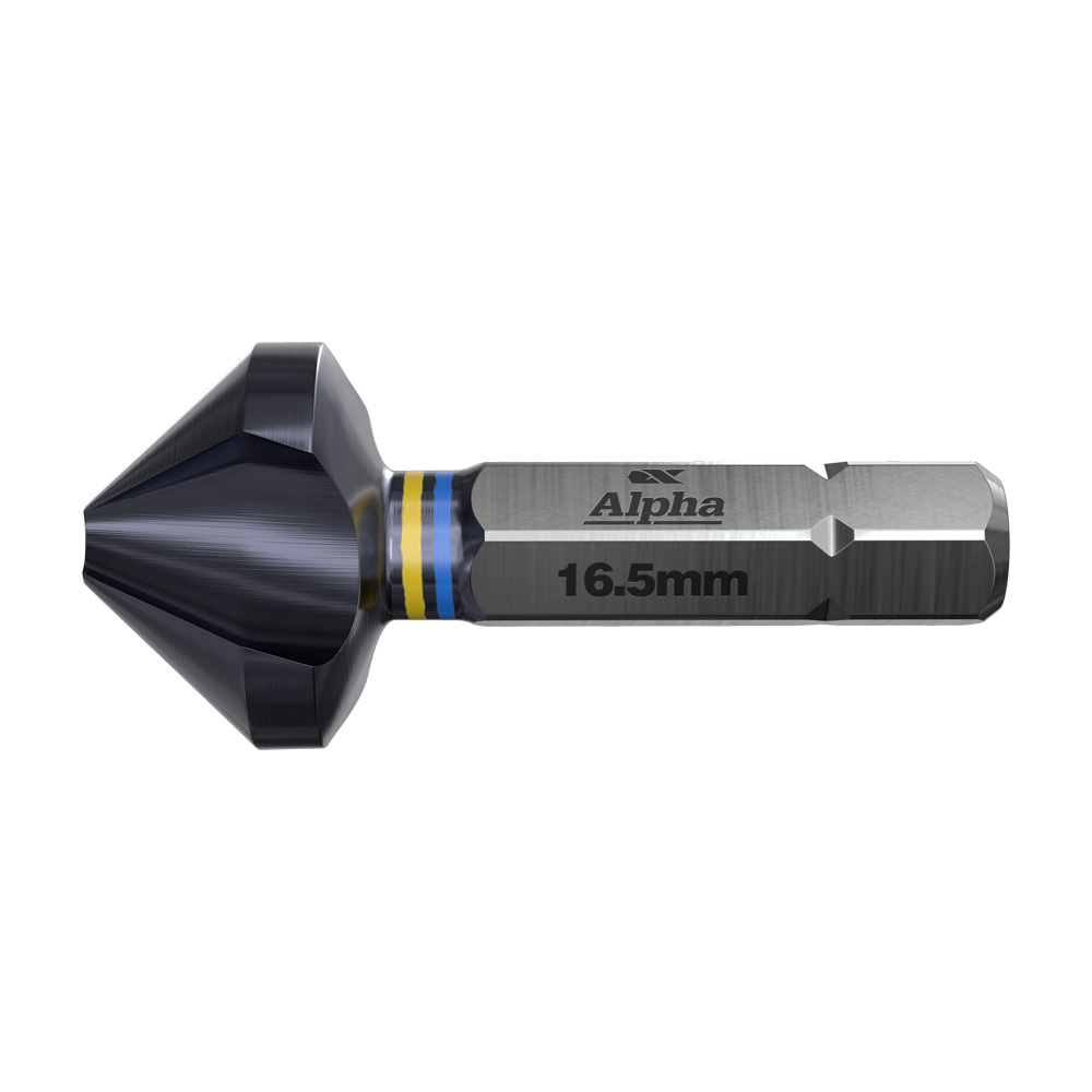 Drill bit with a hex shank labeled Alpha 16.5mm and a conical cutting head used for metal drilling (industrial tool).