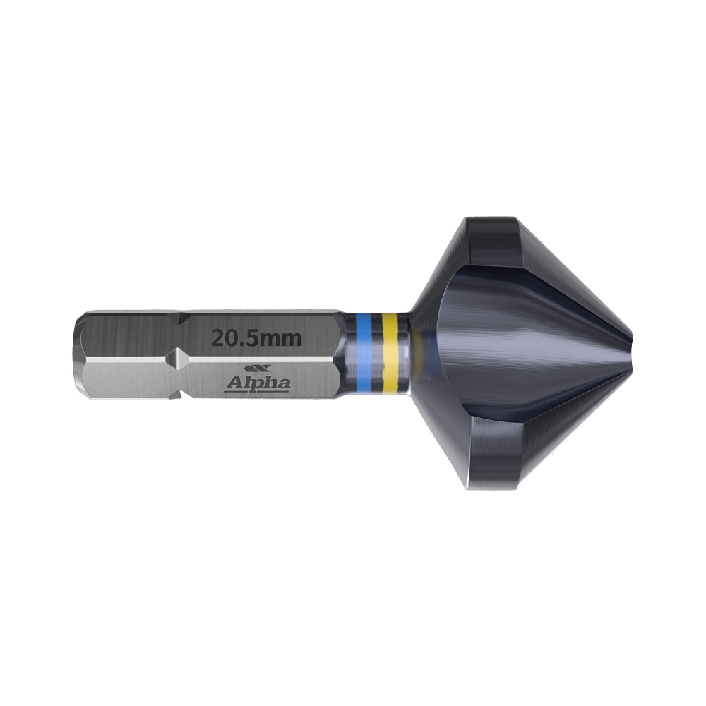 Precision drill bit with a hex shank marked 20.5 mm and a large conical cutting tip (Alpha brand).