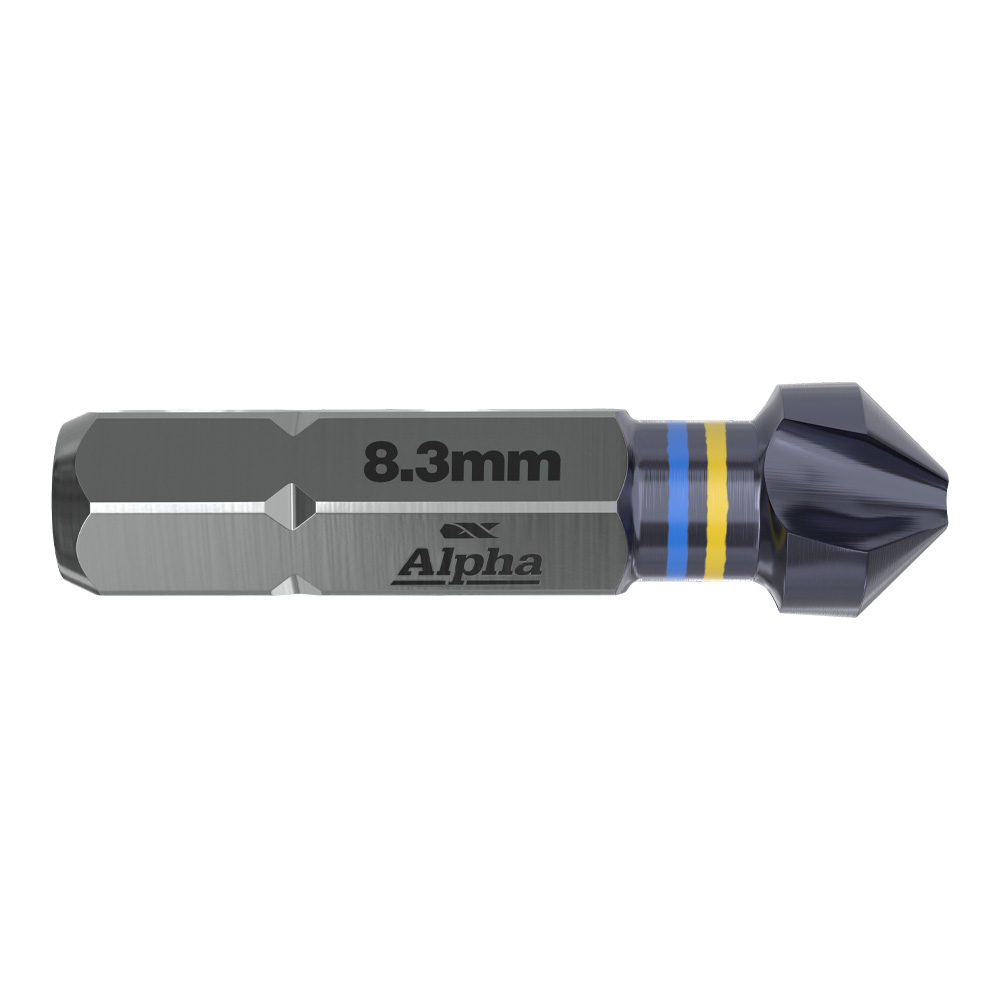 Metal screwdriver bit marked '8.3mm' with blue and yellow color bands and a star-shaped tip (Alpha brand).