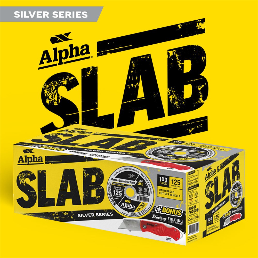 Yellow advertising image of Alpha SLAB Silver Series product box with bold black 'SLAB' text and 'Alpha' branding on the box and background banner reading 'SILVER SERIES'.