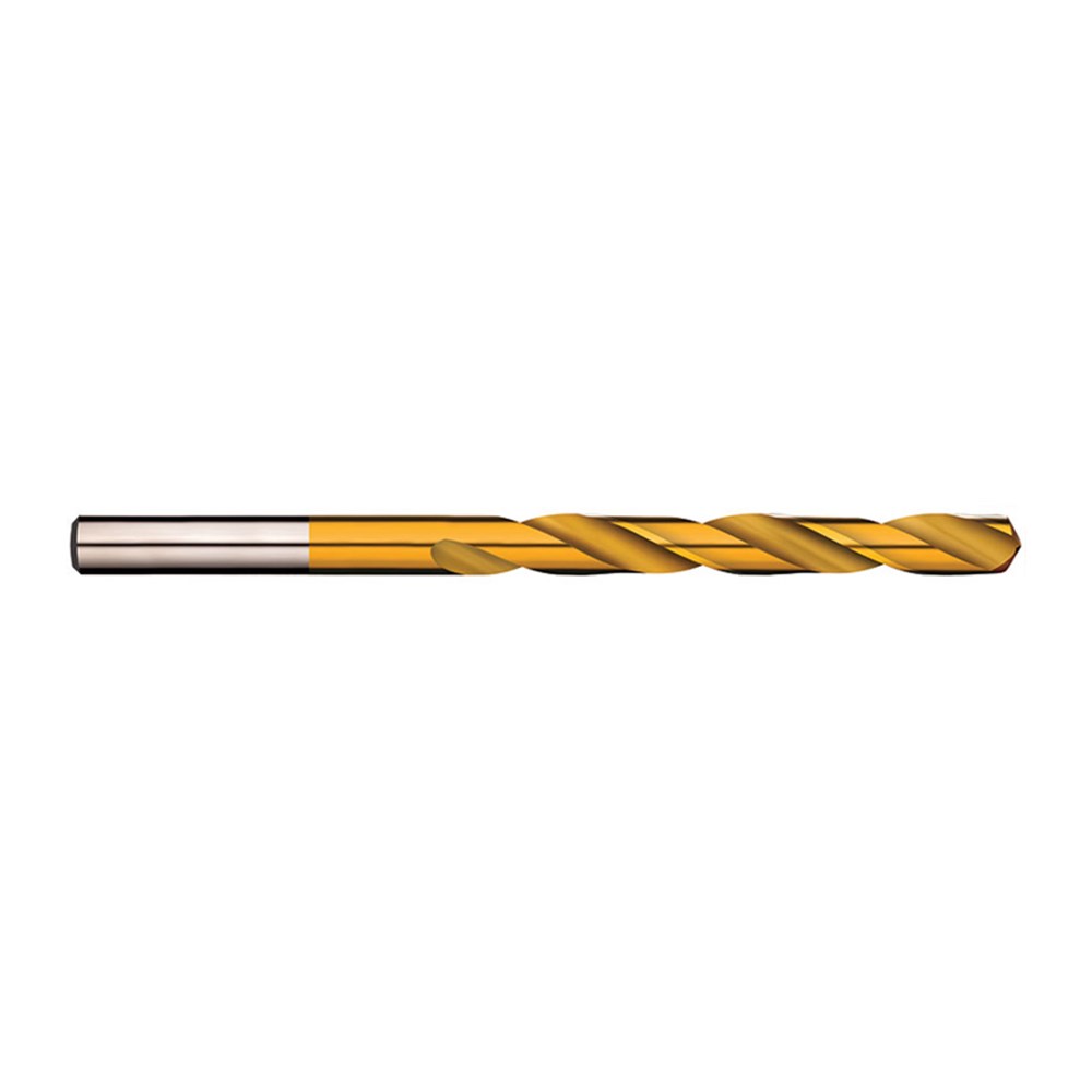 Gold-coated twist drill bit with a silver shank, shown in long form for metalworking.
