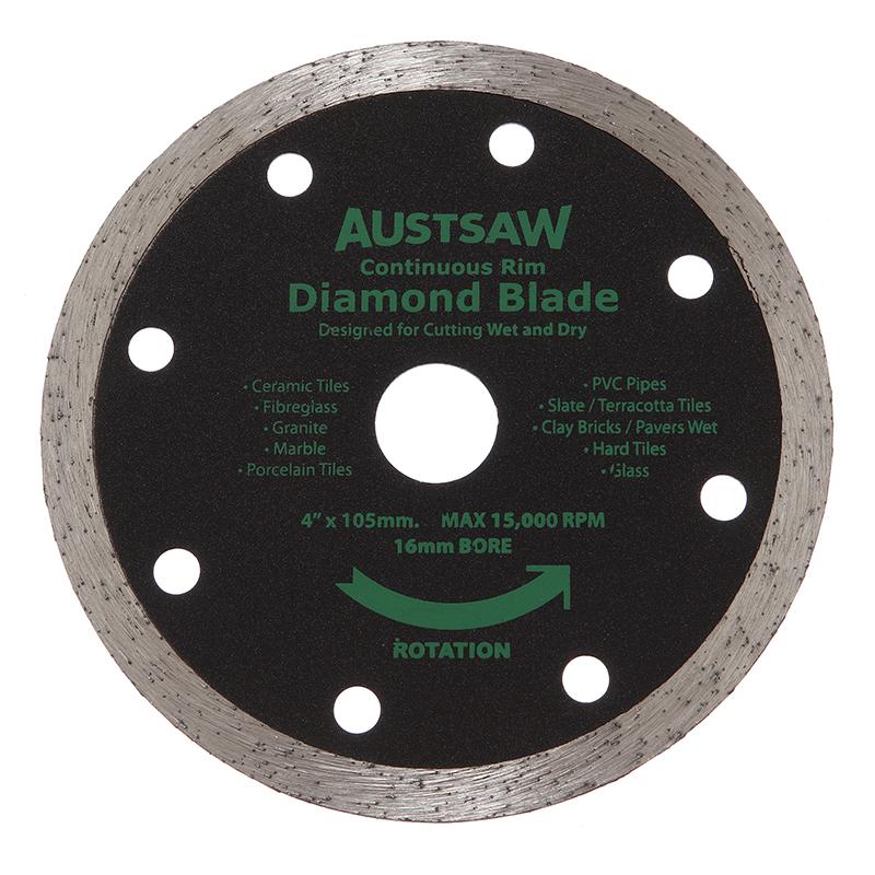 Diamond blade disc for wet/dry cutting; Austsaw continuous rim, 4" x 105mm, 16mm bore, max 15,000 RPM, rotation arrow.