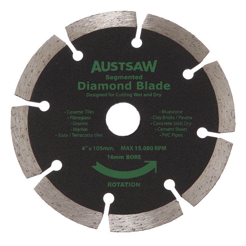 Austsaw segmented diamond blade for wet or dry cutting, 4in (105mm) with 16mm bore and segmented edge.