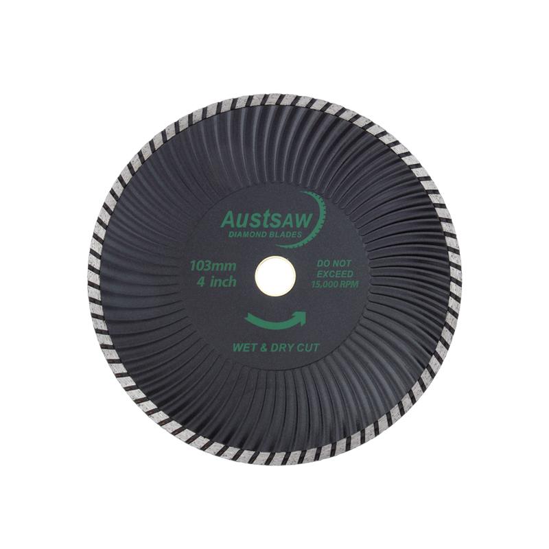 Austsaw diamond cutting disc, 103 mm (4 inch), for wet and dry cutting, with central mounting hole and striped rim edge.