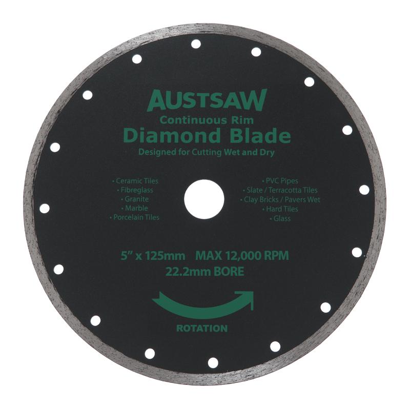 AUSTSAW Diamond Blade circular disc with central bore for wet/dry cutting, green labeling, and rotation arrow (5” x 125mm, 22.2mm bore)