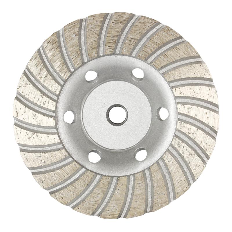 Circular abrasive grinding disc with segmented flaps and five mounting holes around a central hub, used for metal finishing