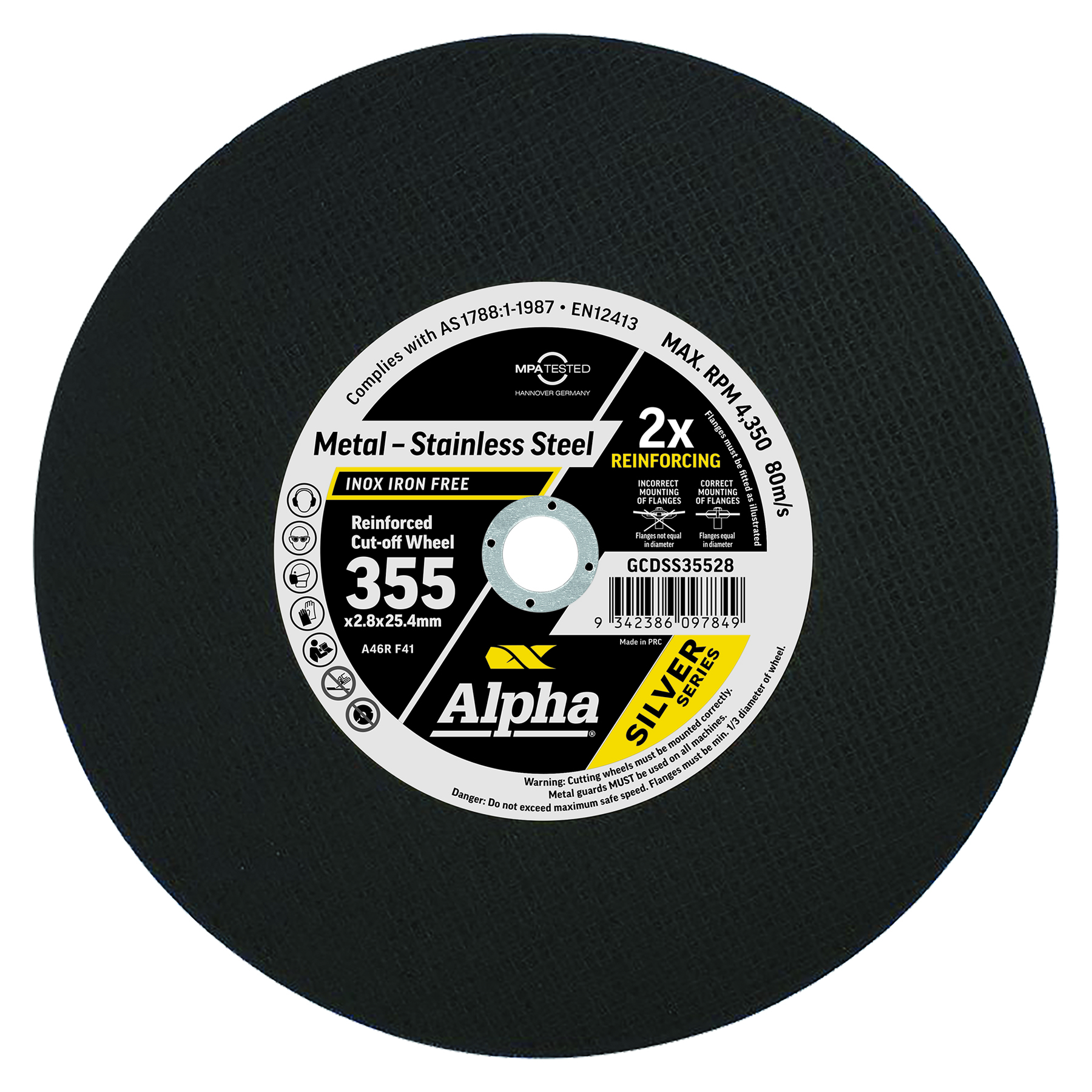 Close-up of a black abrasive grinding wheel with a white label showing specs and brand markings (Alpha Silver Series).
