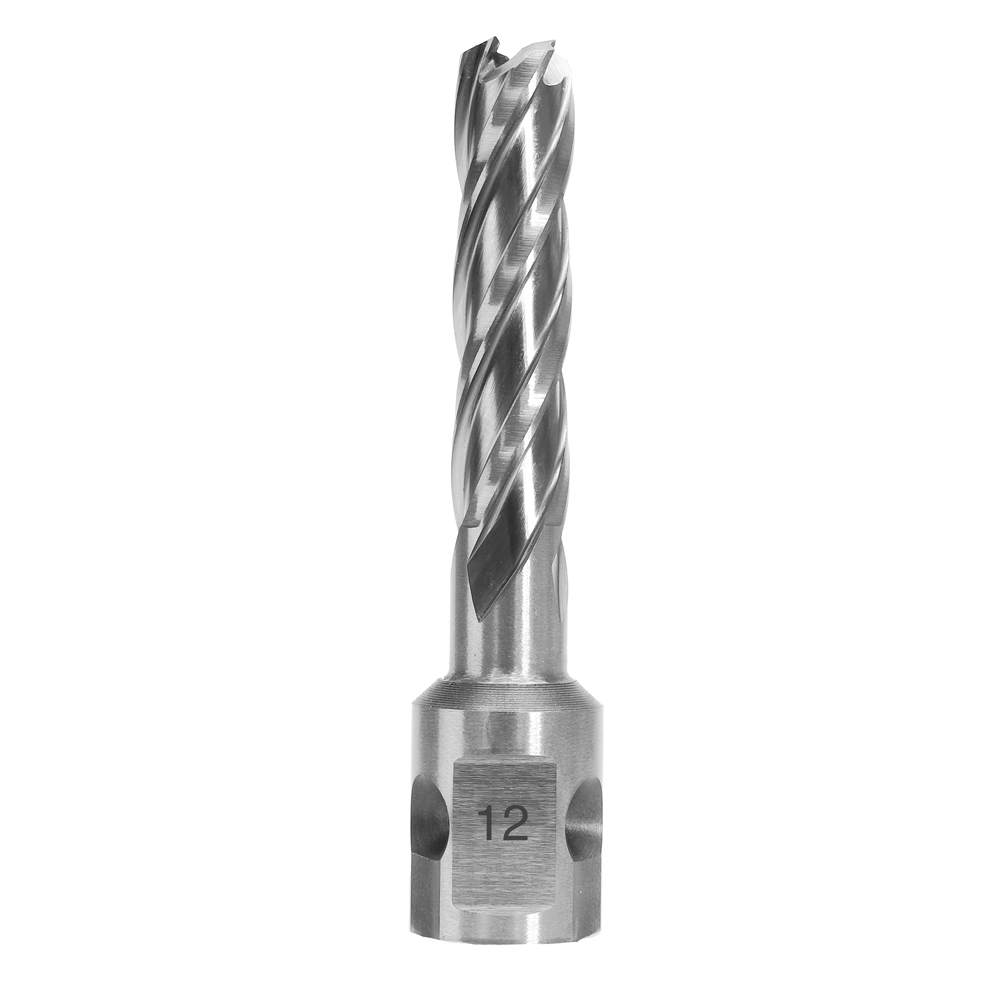 Close-up of a metal twist drill bit, size 12, showing the fluted cutting end and shank capstan.