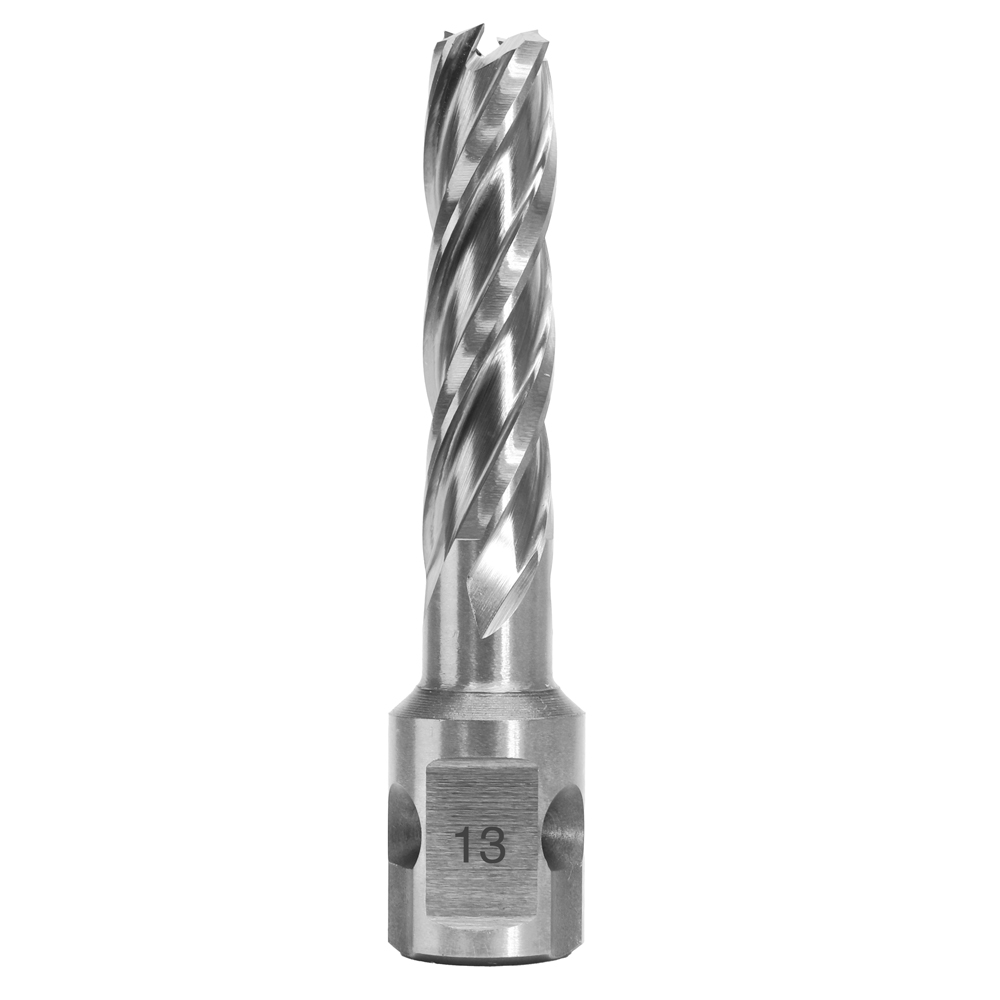 Metal twist drill bit with spiraled cutting flutes, stamped with the size 13 on the base end.