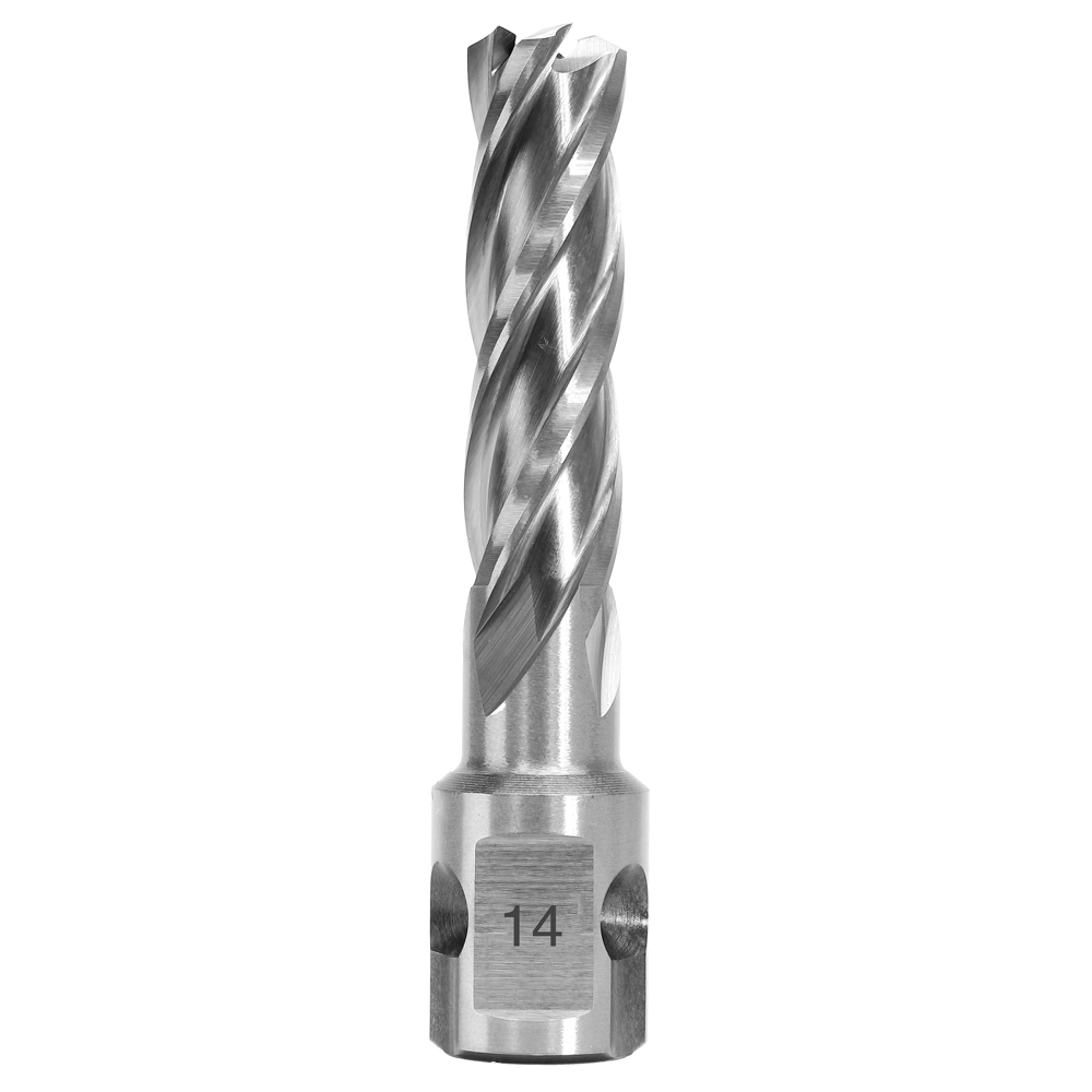 Twist drill bit/end mill with spiraled flutes and a square shank, stamped with the number 14.