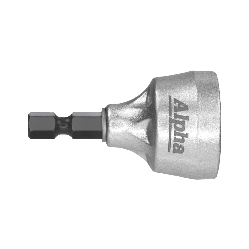 Metal socket adapter with a hex-shaped drive on the left and a silver socket on the right, used to fit fasteners with a ratchet.