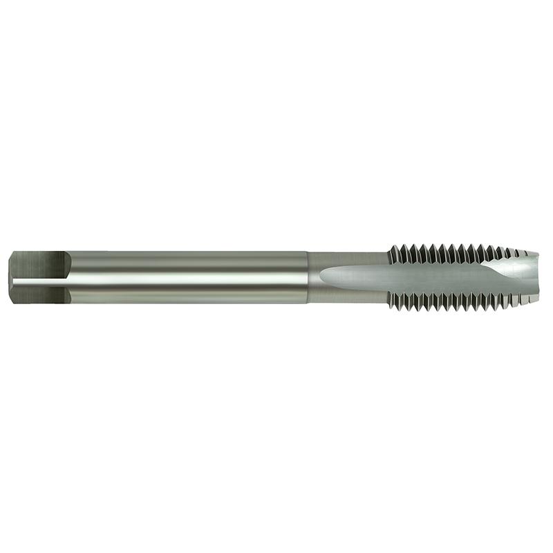 Metal thread-cutting tap with spiraled cutting teeth and cylindrical shank used for threading holes in metal, shown in side view