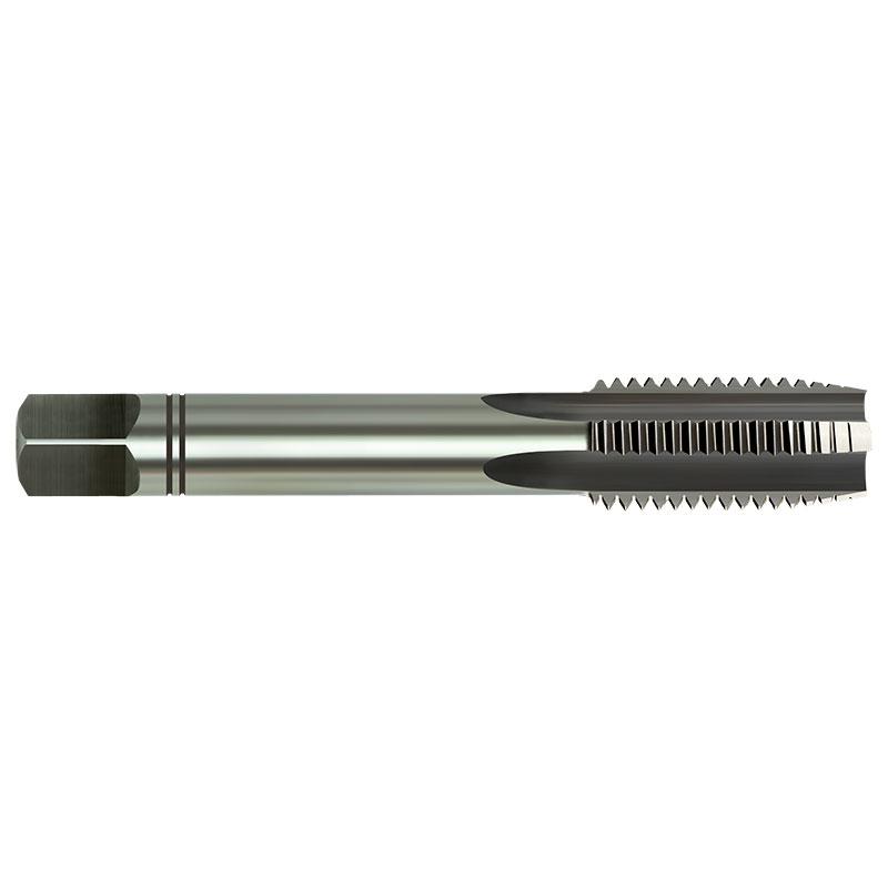 Metal thread-tapping tool with a hex shank and a serrated, toothed cutting end for internal threading in metalworking.
