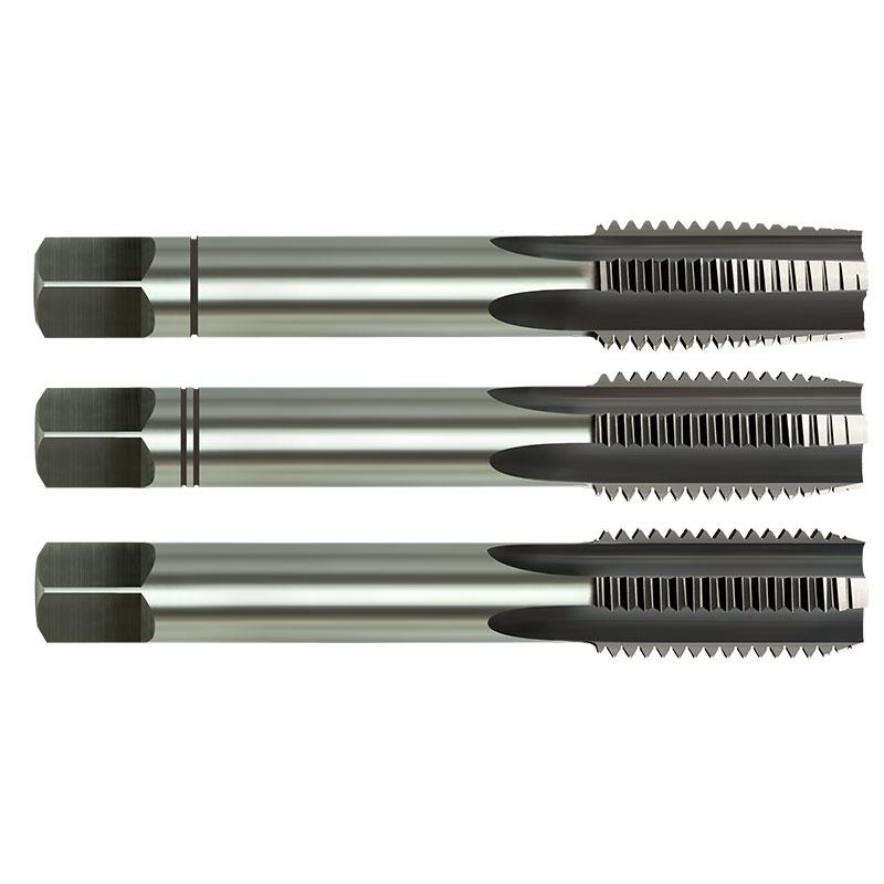 Three metal threading taps laid out horizontally in a row, showing cylindrical shanks and threaded cutting ends for metalworking.