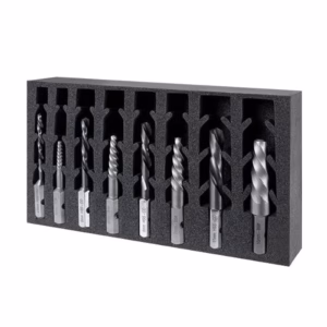 Set of assorted twist drill bits held in a foam rack for organized storage and quick access (metalworking toolkit).