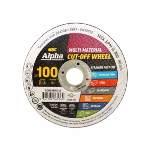 Round cut-off wheel with 'Multi-Material Cut-Off Wheel' branding (Alpha), 100 bore 16, 1.2mm thick, color-coded material sections for stainless steel, steel, aluminum, masonry, ceramic, PVC.
