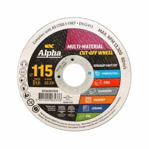 Circular Alpha multi-material cut-off wheel with color-coded material sections and safety icons; labeled 115, 1.2 thick, for various materials.