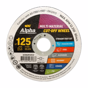 Circular Alpha 125 multi-material cut-off wheel for straight fast cuts, with color bands indicating materials (stainless steel, steel, aluminum, masonry, ceramic, PVC).