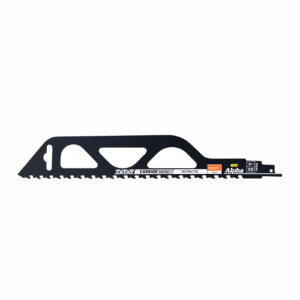 Long dark masonry reciprocating saw blade with rugged carbide-teeth along the bottom edge and several brand labels, including Alpha and Destructo/Masonry, toward the right end.